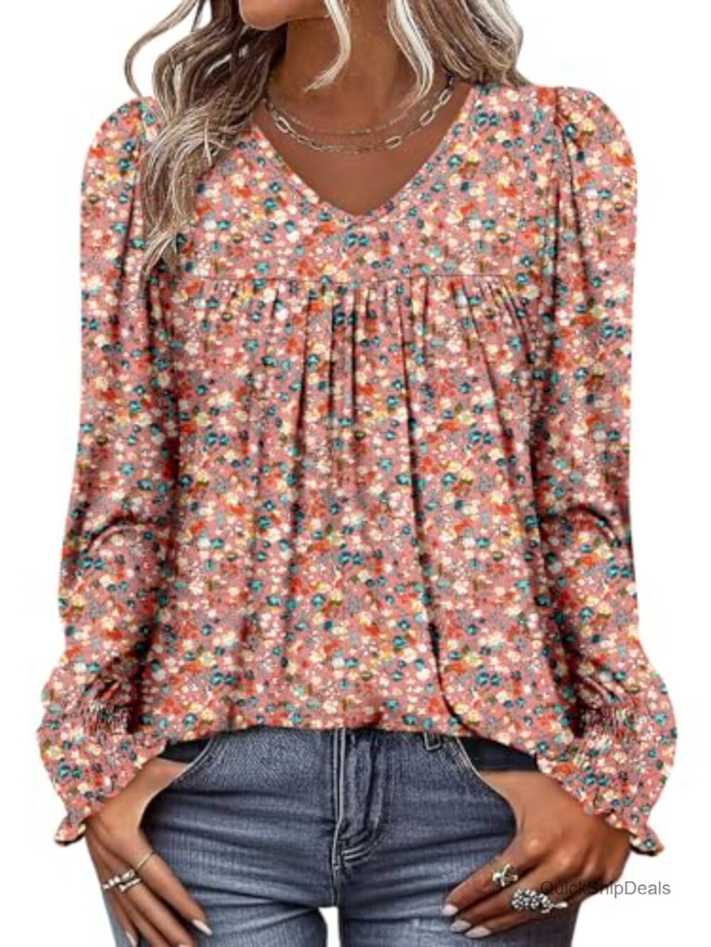 Women's Long Sleeve V Neck Tunic Top Boho Peasant Blouse
